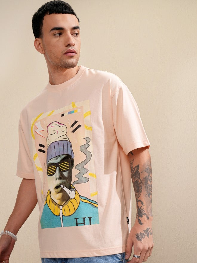 Highlander Men Peach Printed Round Neck Oversized Fit T-Shirt - Peach - Image 4