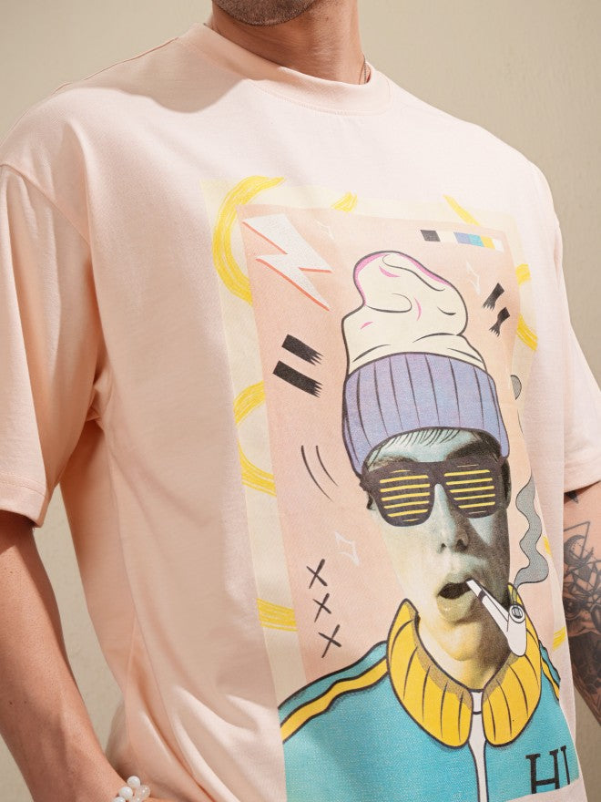 Highlander Men Peach Printed Round Neck Oversized Fit T-Shirt - Peach - Image 5