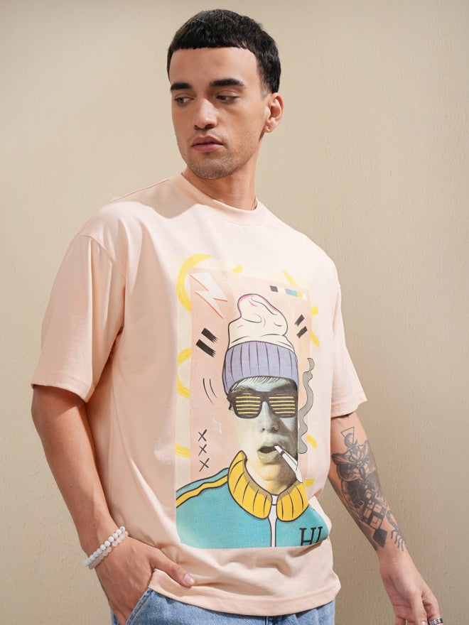 Highlander Men Peach Printed Round Neck Oversized Fit T-Shirt - Peach - Image 6