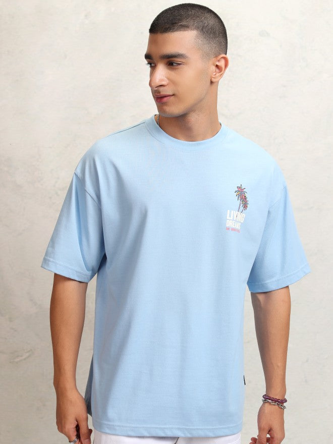 Highlander Men Blue Printed Round Neck Oversized Fit T-Shirt - Blue - Image 3