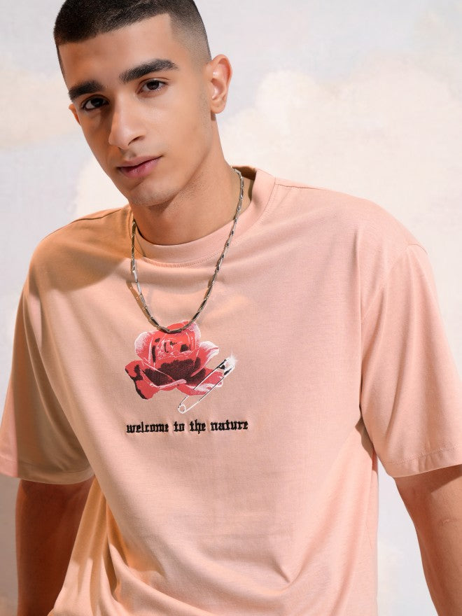 Highlander Men Peach Printed Round Neck T-Shirt - Peach - Image 1