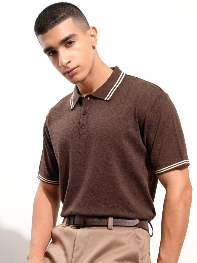 Highlander Men Brown Self Design Polo Collar T-Shirt - Brown - Image 1
