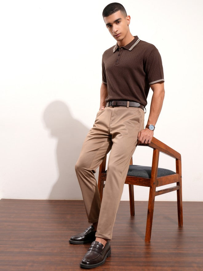 Highlander Men Brown Self Design Polo Collar T-Shirt - Brown - Image 2