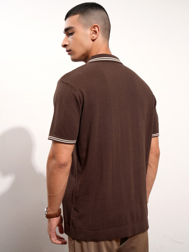 Highlander Men Brown Self Design Polo Collar T-Shirt - Brown - Image 3