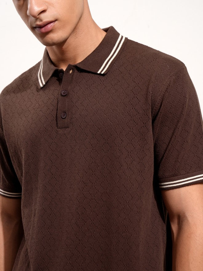 Highlander Men Brown Self Design Polo Collar T-Shirt - Brown - Image 5