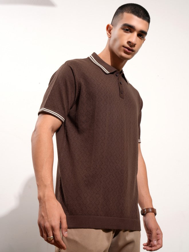 Highlander Men Brown Self Design Polo Collar T-Shirt - Brown - Image 6