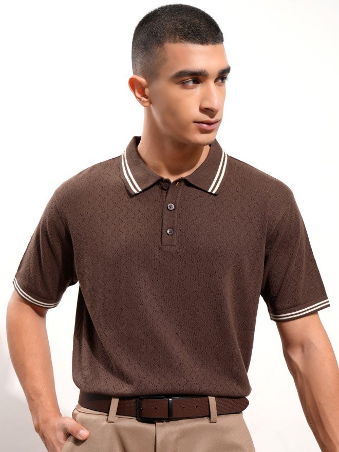 Highlander Men Brown Self Design Polo Collar T-Shirt - Brown - Image 7
