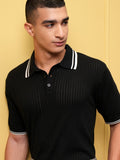 Highlander Men Black Self Design Polo Collar T-Shirt - Black - Image 1