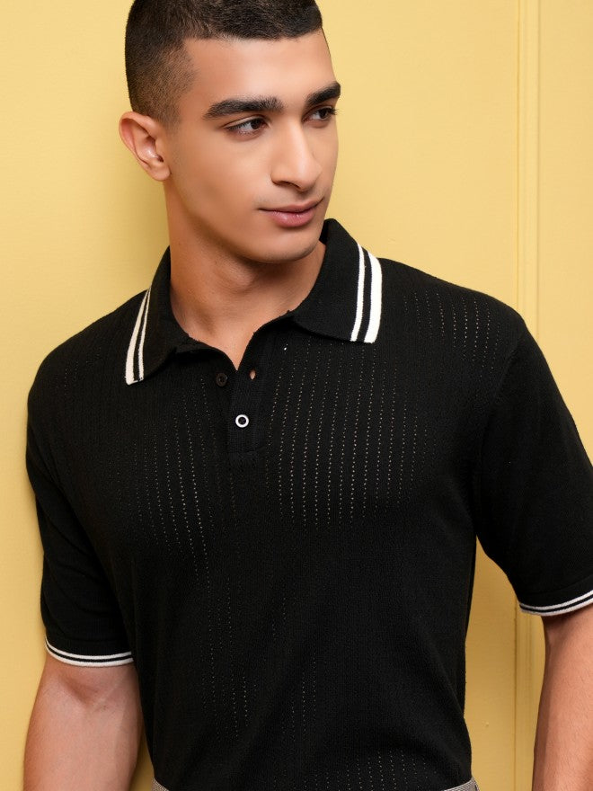 Highlander Men Black Self Design Polo Collar T-Shirt - Black - Image 1