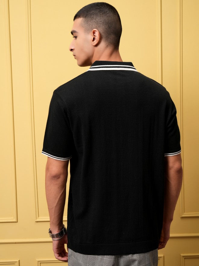Highlander Men Black Self Design Polo Collar T-Shirt - Black - Image 3