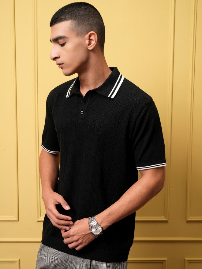 Highlander Men Black Self Design Polo Collar T-Shirt - Black - Image 4