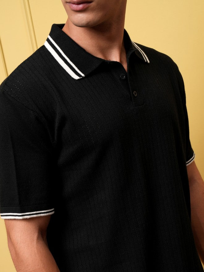 Highlander Men Black Self Design Polo Collar T-Shirt - Black - Image 5