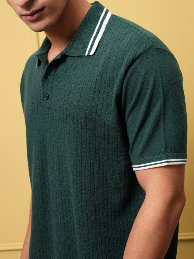 Highlander Men Green Self Design Polo Collar T-Shirt - Green - Image 5
