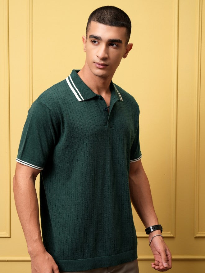 Highlander Men Green Self Design Polo Collar T-Shirt - Green - Image 6