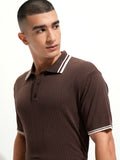 Highlander Men Brown Self Design Polo Collar T-Shirt - Brown - Image 1