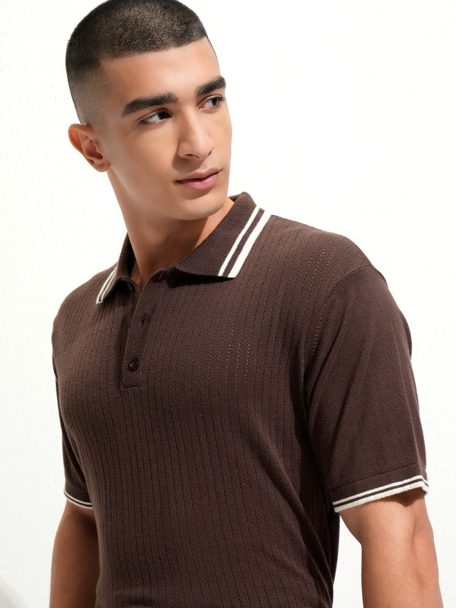 Highlander Men Brown Self Design Polo Collar T-Shirt - Brown - Image 1