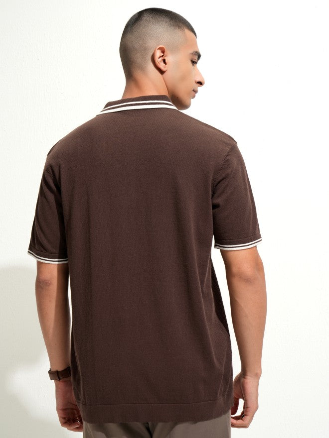 Highlander Men Brown Self Design Polo Collar T-Shirt - Brown - Image 3