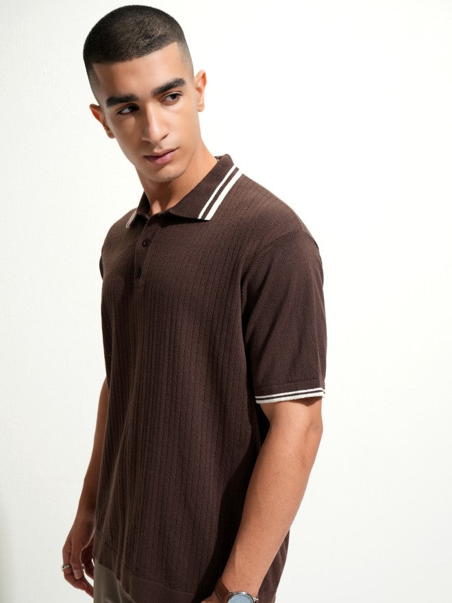Highlander Men Brown Self Design Polo Collar T-Shirt - Brown - Image 4