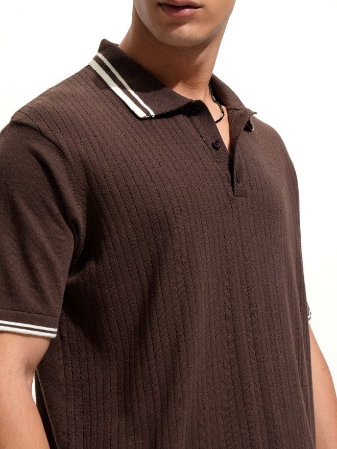 Highlander Men Brown Self Design Polo Collar T-Shirt - Brown - Image 5