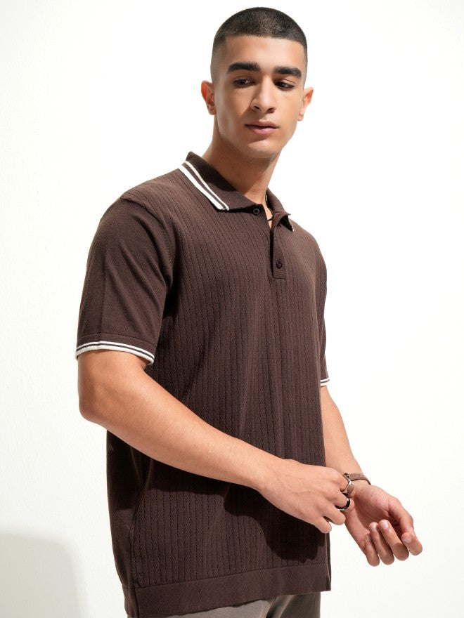 Highlander Men Brown Self Design Polo Collar T-Shirt - Brown - Image 6