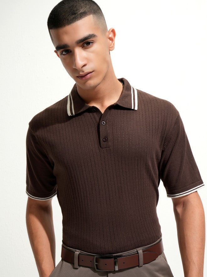 Highlander Men Brown Self Design Polo Collar T-Shirt - Brown - Image 7