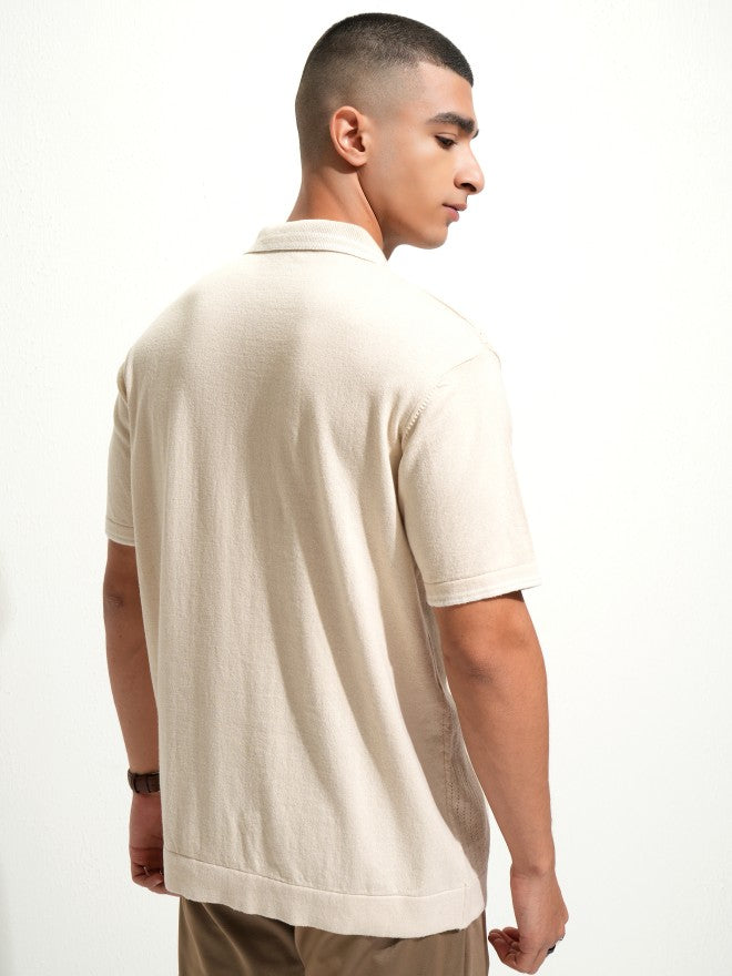 Highlander Men Off White Self Design Polo Collar T-Shirt - Off White - Image 3