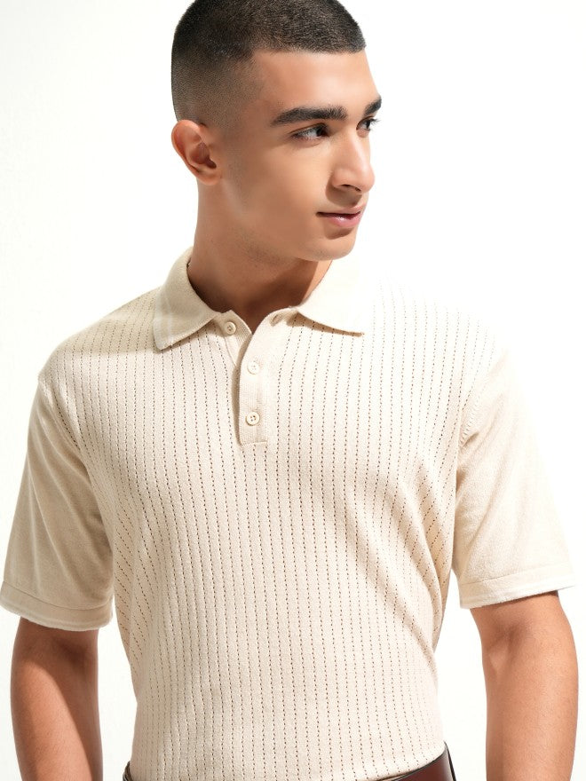 Highlander Men Off White Self Design Polo Collar T-Shirt - Off White - Image 4