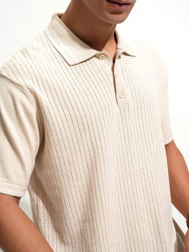 Highlander Men Off White Self Design Polo Collar T-Shirt - Off White - Image 5