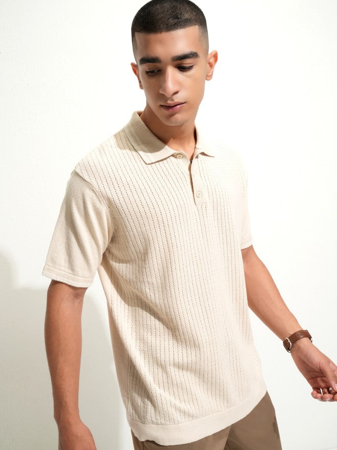 Highlander Men Off White Self Design Polo Collar T-Shirt - Off White - Image 6