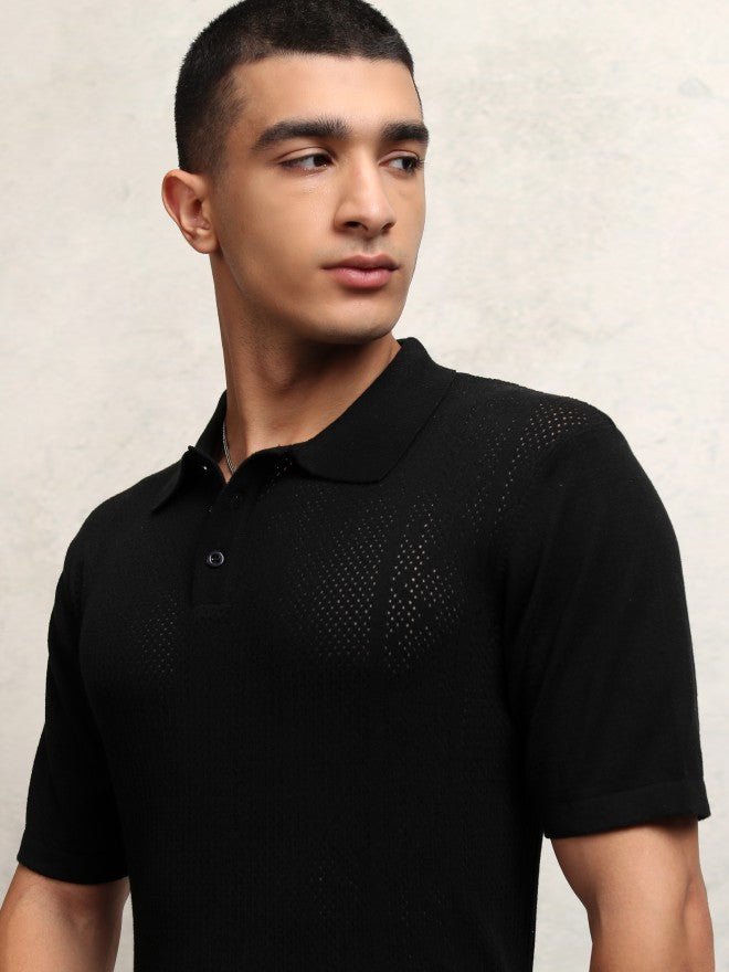 Highlander Men Black Self Design Polo Collar T-Shirt - Black - Image 1