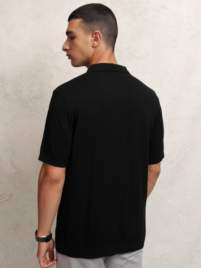 Highlander Men Black Self Design Polo Collar T-Shirt - Black - Image 3