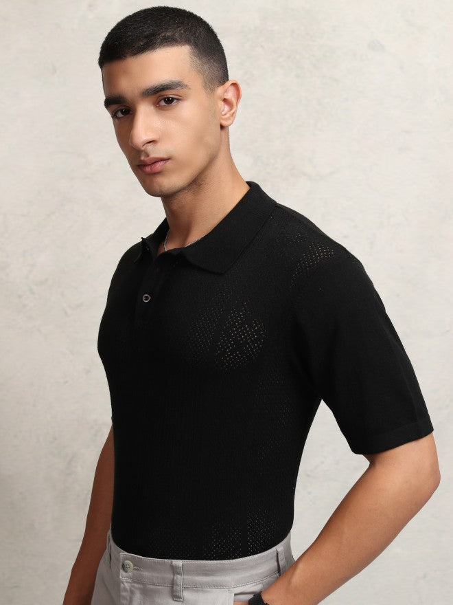 Highlander Men Black Self Design Polo Collar T-Shirt - Black - Image 4