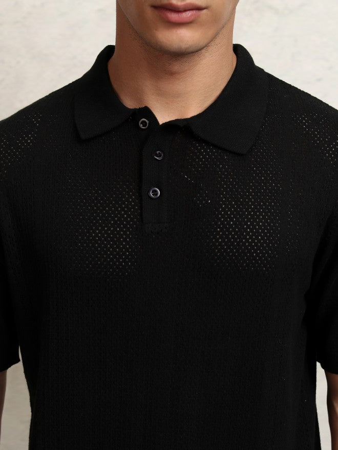 Highlander Men Black Self Design Polo Collar T-Shirt - Black - Image 5