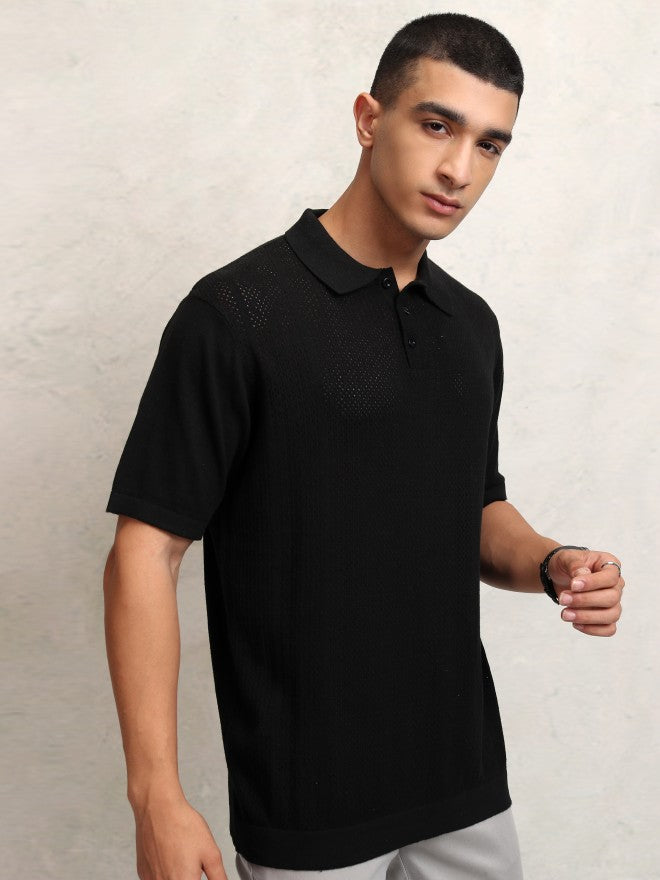 Highlander Men Black Self Design Polo Collar T-Shirt - Black - Image 6