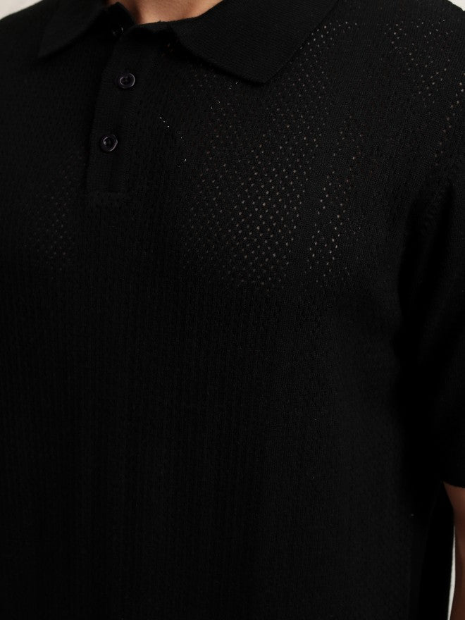 Highlander Men Black Self Design Polo Collar T-Shirt - Black - Image 7