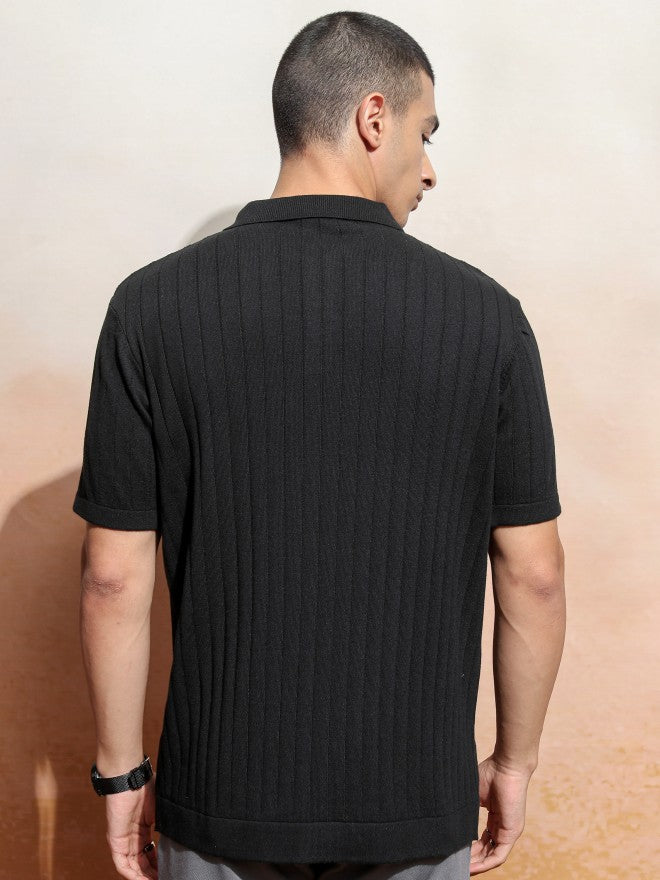 Highlander Men Black Self Design Polo Collar T-Shirt - Black - Image 3