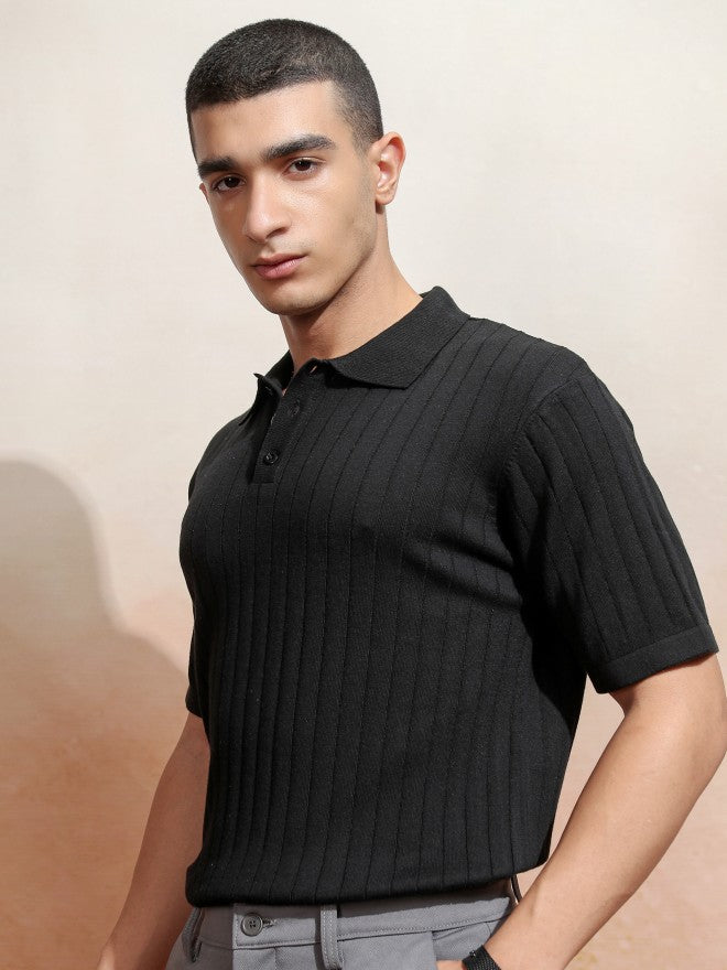 Highlander Men Black Self Design Polo Collar T-Shirt - Black - Image 4