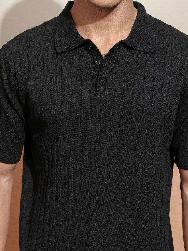 Highlander Men Black Self Design Polo Collar T-Shirt - Black - Image 5