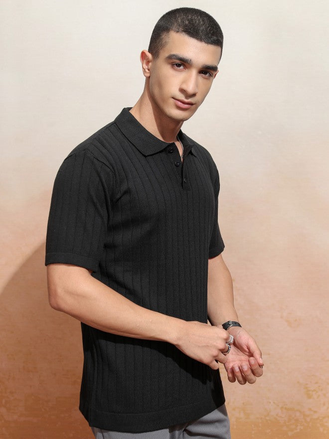 Highlander Men Black Self Design Polo Collar T-Shirt - Black - Image 6