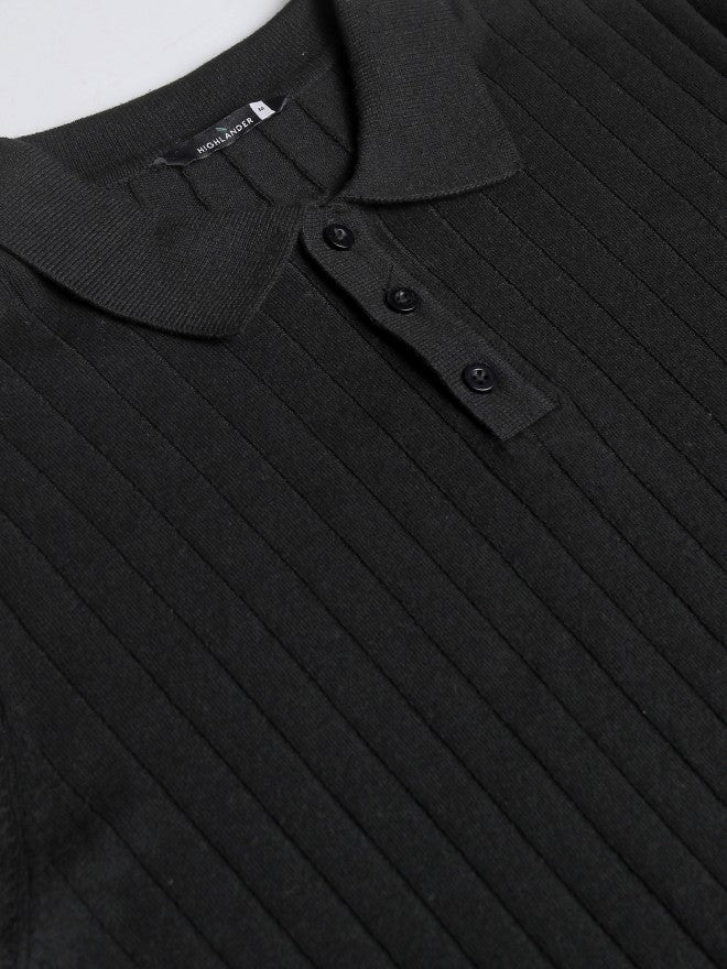 Highlander Men Black Self Design Polo Collar T-Shirt - Black - Image 7