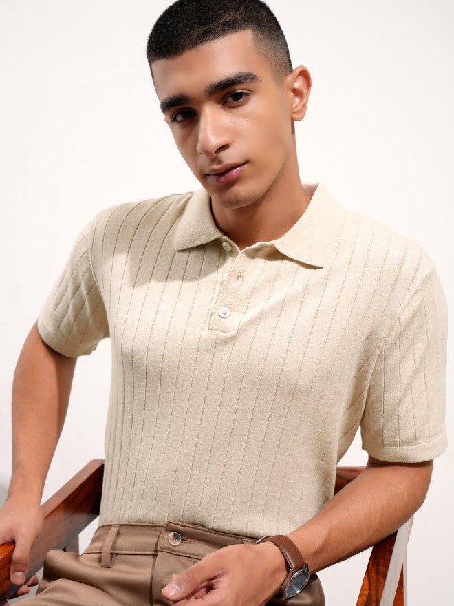 Highlander Men Beige Self Design Polo Collar T-Shirt - Beige - Image 1