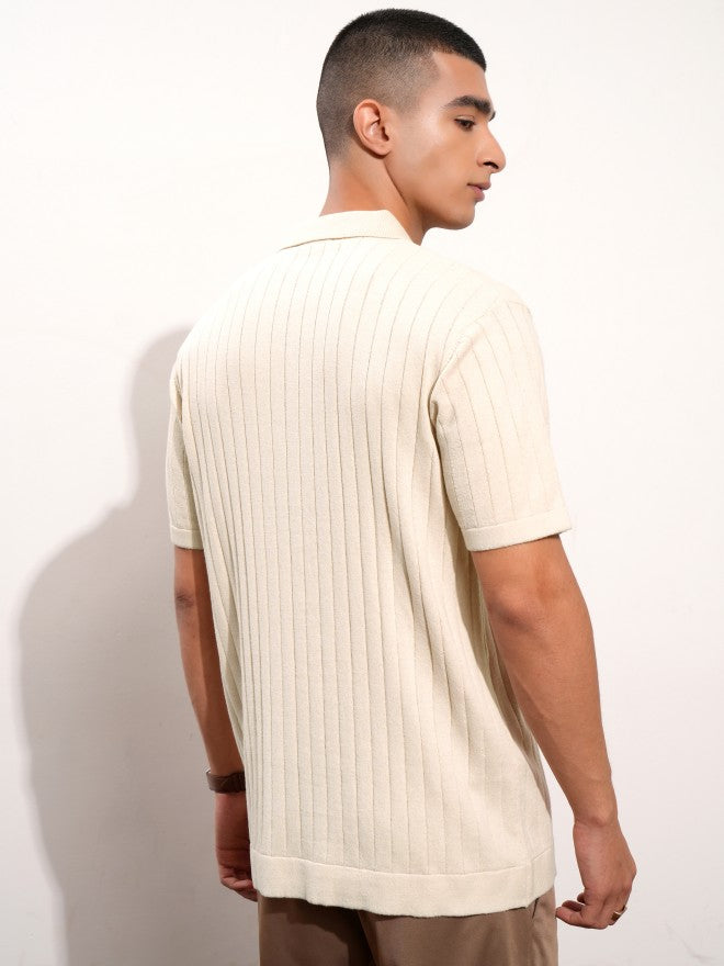 Highlander Men Beige Self Design Polo Collar T-Shirt - Beige - Image 3