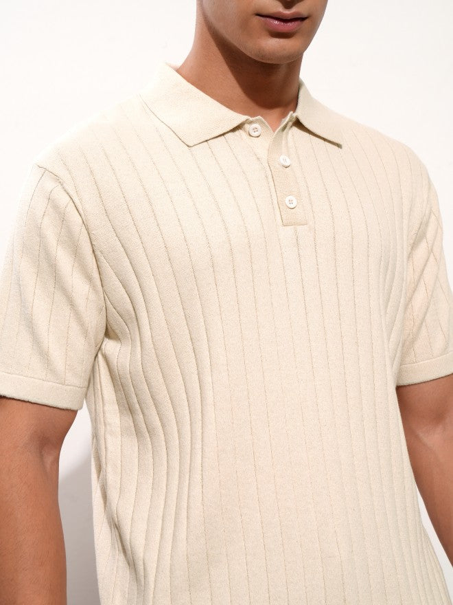 Highlander Men Beige Self Design Polo Collar T-Shirt - Beige - Image 5