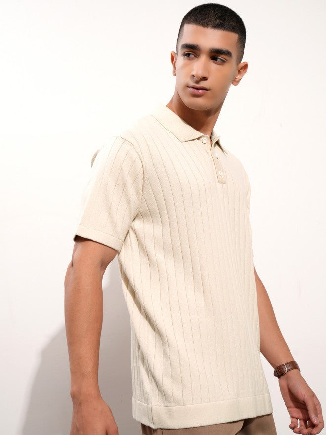 Highlander Men Beige Self Design Polo Collar T-Shirt - Beige - Image 6