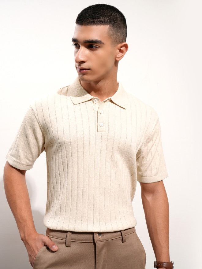 Highlander Men Beige Self Design Polo Collar T-Shirt - Beige - Image 7