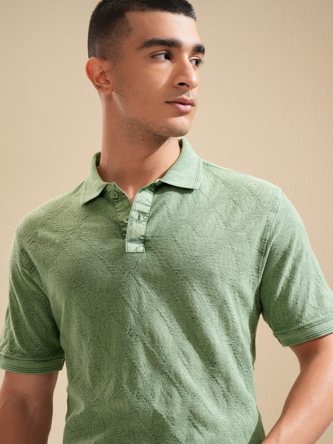 Highlander Men Green Self Design Polo Collar T-Shirt - Green - Image 1