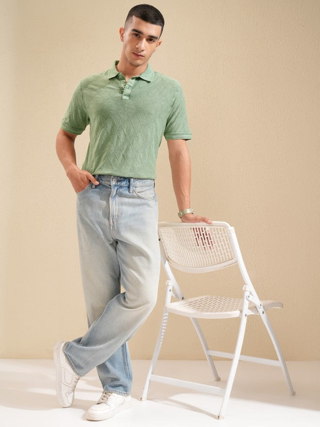 Highlander Men Green Self Design Polo Collar T-Shirt - Green - Image 2