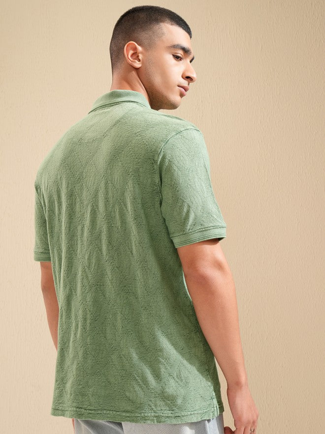 Highlander Men Green Self Design Polo Collar T-Shirt - Green - Image 3