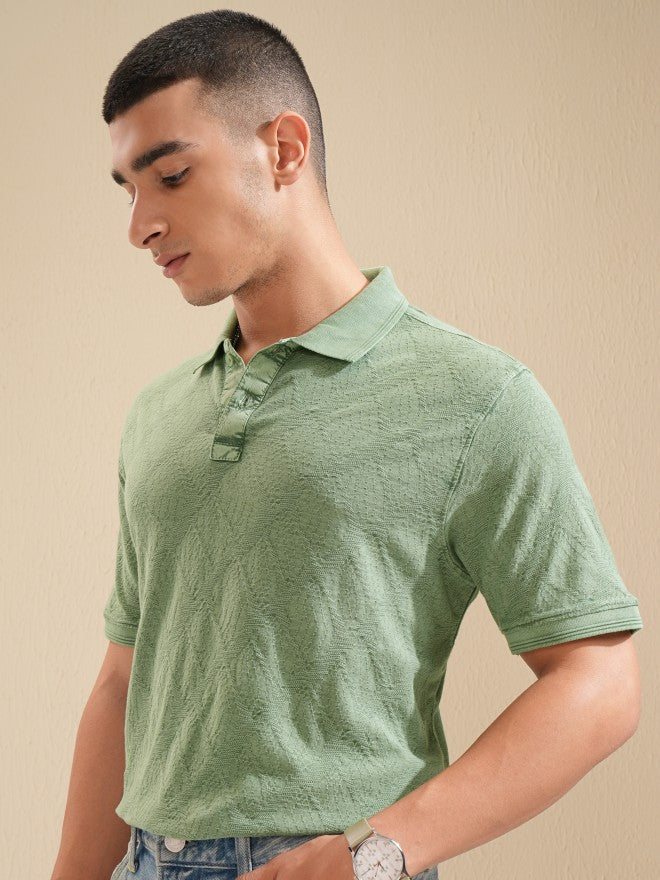 Highlander Men Green Self Design Polo Collar T-Shirt - Green - Image 4