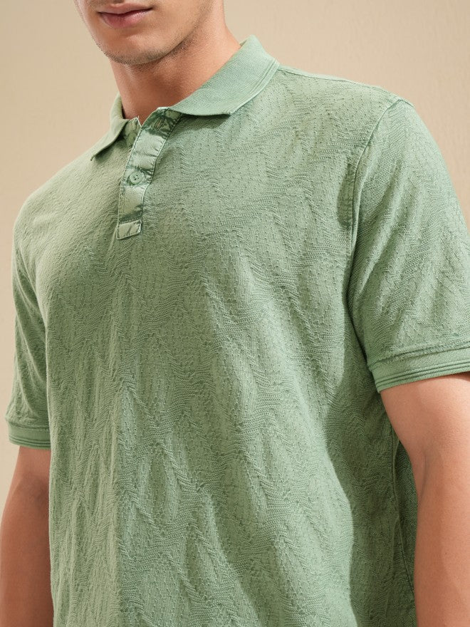 Highlander Men Green Self Design Polo Collar T-Shirt - Green - Image 5